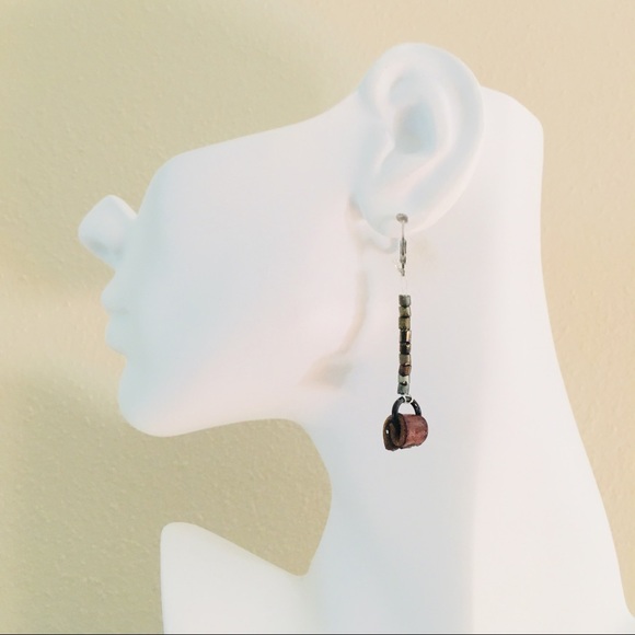 SOLD Leather and Gunmetal Beaded Slinky Earrings - Picture 3 of 3